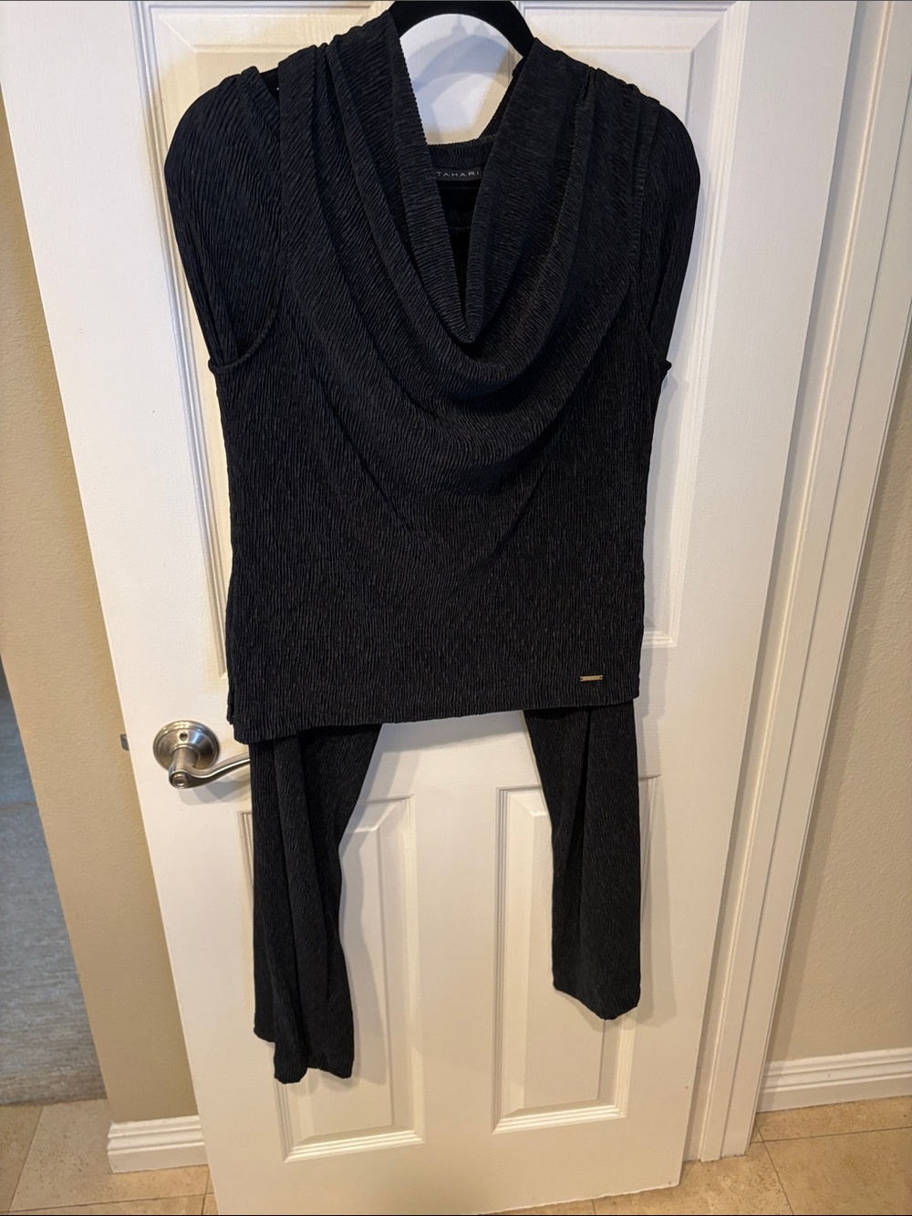 Tahari Black Textured Cowl Neck Top with Draped Panels